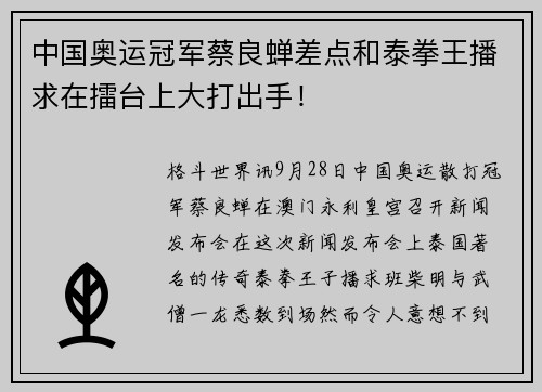 中国奥运冠军蔡良蝉差点和泰拳王播求在擂台上大打出手！